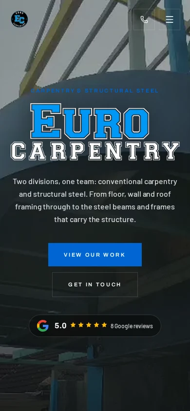 Euro Carpentry actual website on mobile