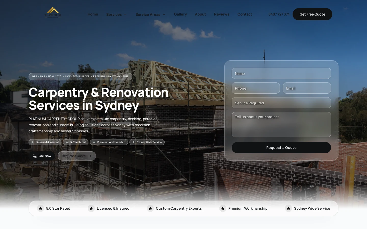 Platinum Carpentry Group homepage preview