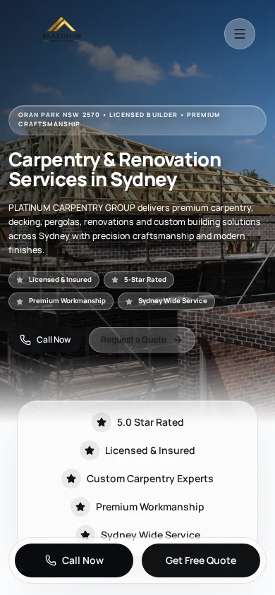 Platinum Carpentry Group actual website on mobile
