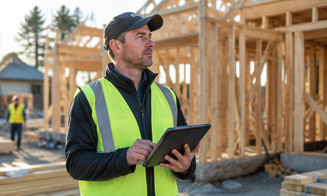Site supervisor using a tablet on a residential timber-frame build